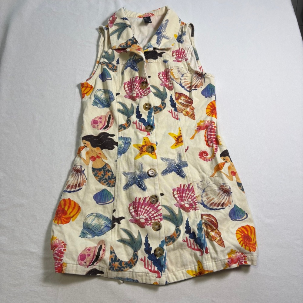 Cider Mermaid Shell Print Denim Mini Dress Cream XS